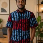 Men’s Red and Blue African Print Short Sleeve Shirt