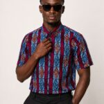 Men’s Blue and Burgundy African Print Short Sleeve Shirt
