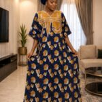 Women’s African Print Maxi Dress Ankara Wax Navy Floral Loose Fit Bubu Kaftan Dress