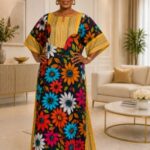 Women’s African Print Multicolor Floral Yellow Stripe Maxi Dress