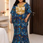 Women’s African Print Navy Blue Blossom Loose Fit Bubu Kaftan