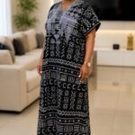 Women’s Black and Grey Geometric Loose Fit Bubu Kaftan Dress