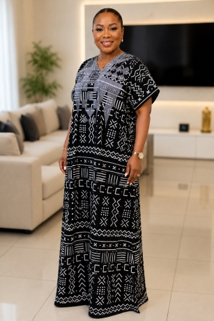 Ankara revolution 386 Women’s Black and Grey Geometric Loose Fit Bubu Kaftan Dress - Image 1