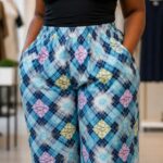 Women’s African Print Shorts  Blue Plaid Knee Length Casual Summer Shorts with Pocket