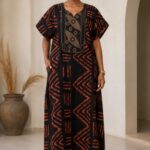 Women’s African Print Black and Orange Geometric Loose Fit Bubu Kaftan Dress