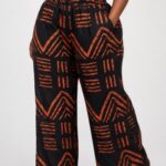 Women’s Palazzo Pants Ankara Wax Black and Orange Geometric Wide Leg Casual Trousers with Pocket