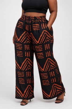 Ankara revolution 389 Women’s Palazzo Pants Ankara Wax Black and Orange Geometric Wide Leg Casual Trousers with Pocket - Image 1