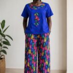 Women’s Two Piece Palazzo Set Ankara Wax Royal Blue Top and Multicolor Geometric Wide Leg Trousers