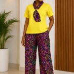 Two Piece Palazzo Set Yellow Tie Neck Top and Multicolor Geometric Wide Leg Trousers For Women