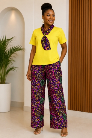 Ankara revolution 393 Two Piece Palazzo Set Yellow Tie Neck Top and Multicolor Geometric Wide Leg Trousers For Women - Image 1