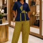 Women’s Two Piece Palazzo Set Navy Blue Geometric Top and Yellow Pattern Wide Leg Trousers
