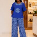 Two Piece Palazzo Set Royal Blue Circle Detail Top and Blue Geo Wide Leg Trousers for Women