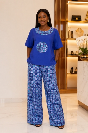 Ankara revolution 396 Two Piece Palazzo Set Royal Blue Circle Detail Top and Blue Geo Wide Leg Trousers for Women - Image 1