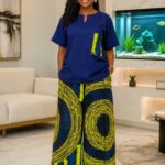 Women’s Two Piece Palazzo Set Navy Blue Top and Yellow Circle Pattern Trousers