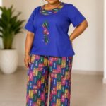 Women’s Two Piece Palazzo Set Royal Blue Appliqué Top and Multicolor Geometric Wide Leg Trousers