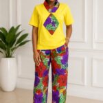 Yellow Top plus Tie Multicolor Floral Wide Leg Trousers Two Piece Palazzo for Women