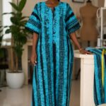 Women’s Ankara Wax Turquoise and Black Tribal Stripe Loose Fit Bubu Kaftan Dress
