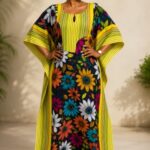 Sunflower Garden Multicolor Floral Yellow Stripe Loose Fit Bubu Kaftan Dress for Women
