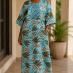Women’s Ankara Wax Aqua Leaf Pattern Loose Fit Bubu Kaftan Dress